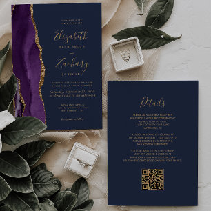 Purple Gold Agate Navy Blue QR Code Wedding Invitation