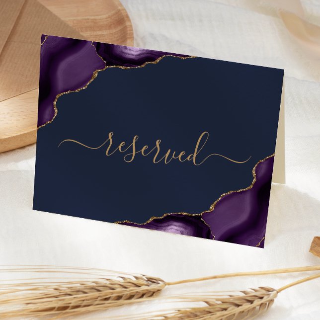 Purple Gold Agate Navy Blue Reserved Wedding Place Card (Creator Uploaded)