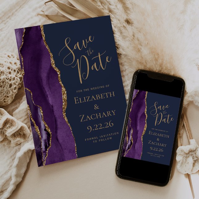 Purple Gold Agate Navy Blue Save the Date (Creator Uploaded)