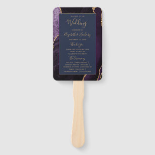 Purple Gold Agate Navy Blue Wedding Program Hand Fan