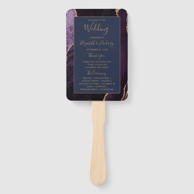 Purple Gold Agate Navy Blue Wedding Program Hand Fan (Front)