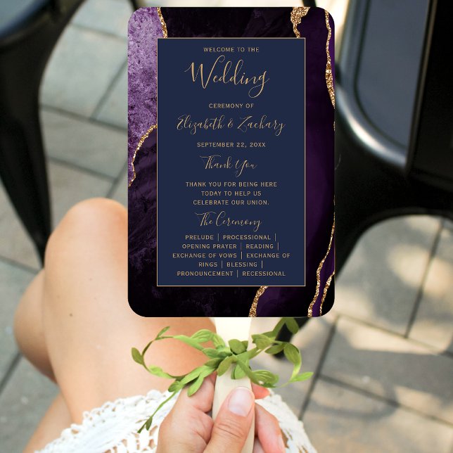 Purple Gold Agate Navy Blue Wedding Program Hand Fan (Creator Uploaded)