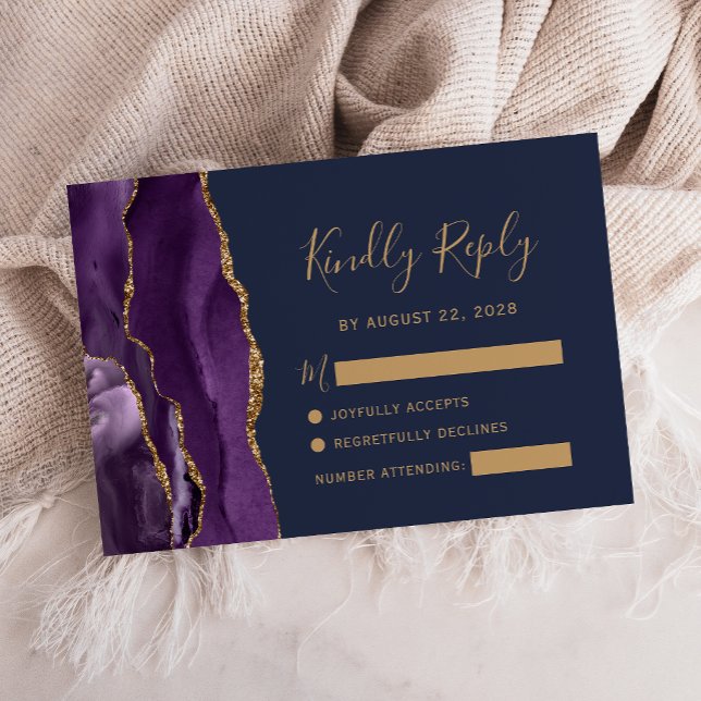 Purple Gold Agate Navy Blue Wedding RSVP Card (Creator Uploaded)