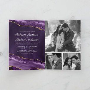 Purple Gold Agate Photo Collage QR Code Wedding Invitation