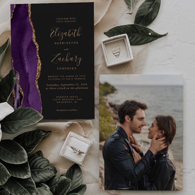Purple Gold Agate Photo Dark Wedding Invitation (Creator Uploaded)