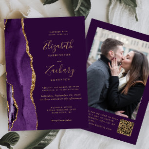 Purple Gold Agate Plum Photo QR Code Wedding Invitation