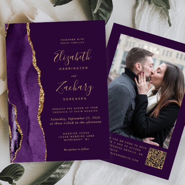 Purple Gold Agate Plum Photo QR Code Wedding Invitation (Creator Uploaded)