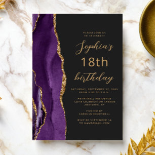 Purple Gold Agate Script Dark 18th Birthday Invitation