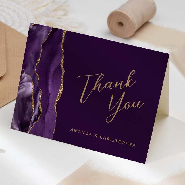 Purple Gold Agate Script Plum Wedding Thank You Card (Creator Uploaded)