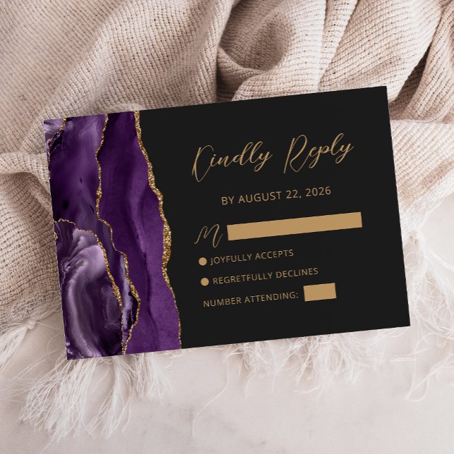 Purple Gold Agate Script Wedding RSVP Card (Creator Uploaded)
