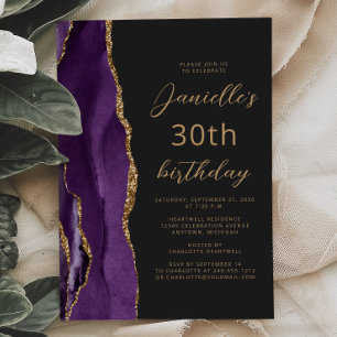 Purple Gold Agate Slate Script 30th Birthday Invitation