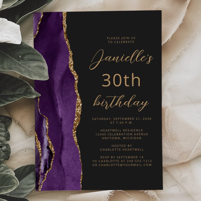 Purple Gold Agate Slate Script 30th Birthday Invitation (Creator Uploaded)