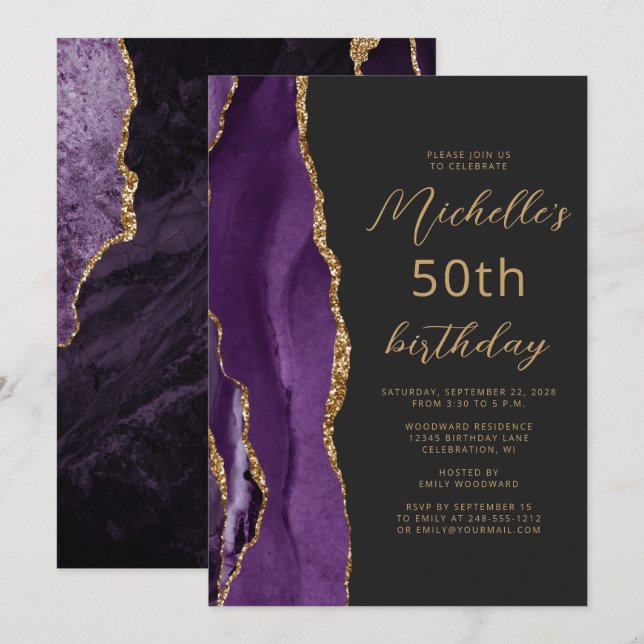 Purple Gold Agate Slate Script 50th Birthday Invitation (Front/Back)
