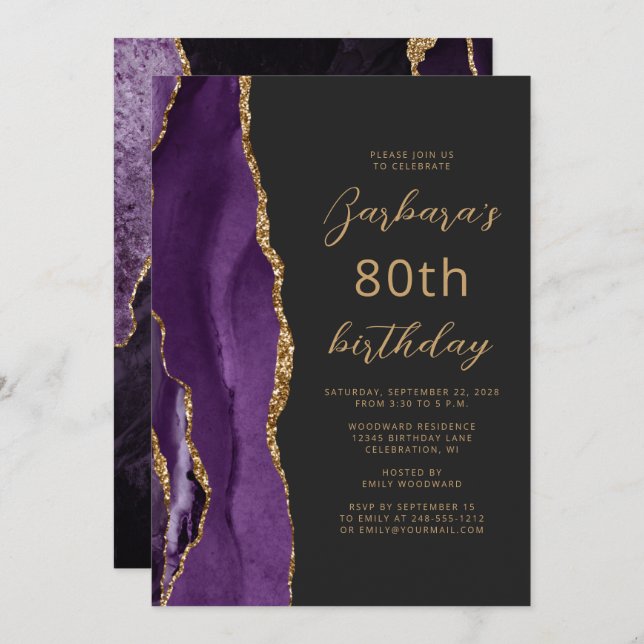 Purple Gold Agate Slate Script 80th Birthday Invitation (Front/Back)