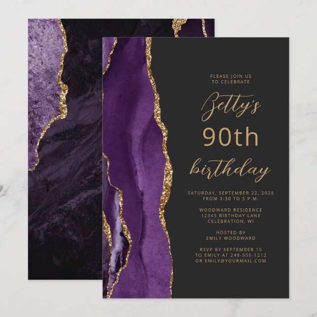 Purple Gold Agate Slate Script 90th Birthday Invitation (Front/Back)