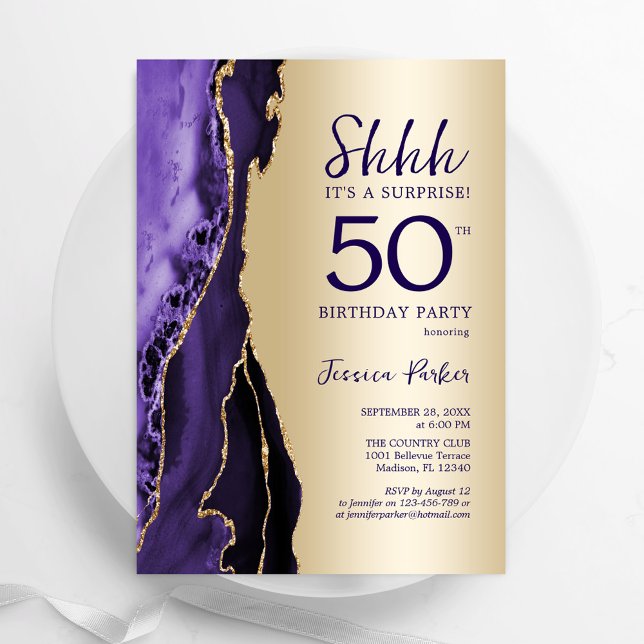 Purple Gold Agate Surprise 50th Birthday Invitation (Creator Uploaded)