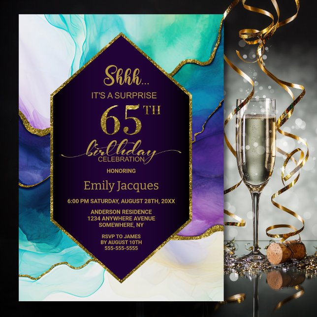 Purple Gold Agate Surprise 65th Birthday Party Invitation (Creator Uploaded)