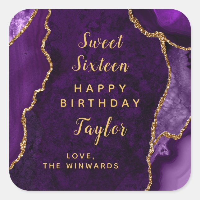 Purple Gold Agate Sweet Sixteen Happy Birthday Square Sticker (Front)