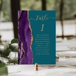 Purple Gold Agate Teal Wedding Table Number<br><div class="desc">The left-hand edge of this elegant modern wedding table number card features a purple watercolor agate border trimmed with faux gold glitter. The word "table" appears in gold-coloured handwriting script on a teal blue background. Add the names of your guests who are assigned to each table.</div>