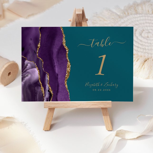 Purple Gold Agate Teal Wedding Table Number (Creator Uploaded)