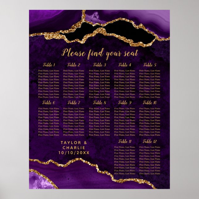 Purple Gold Agate Wedding 12 Tables Seating Chart (Front)