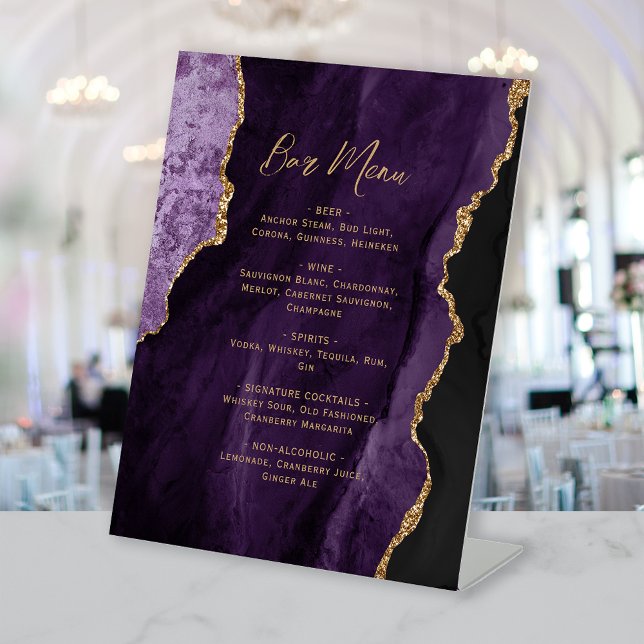 Purple Gold Agate Wedding Bar Menu Pedestal Sign (Creator Uploaded)