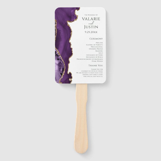 Purple Gold Agate Wedding Program Hand Fan (Front)