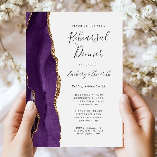 Purple Gold Agate Wedding Rehearsal Dinner Invitation (Creator Uploaded)