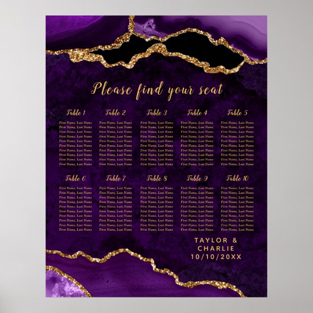 Purple Gold Agate Wedding Seating Chart 10 Table (Front)