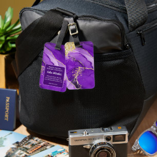 Purple Gold Alcohol Ink Personalised Custom Info Luggage Tag
