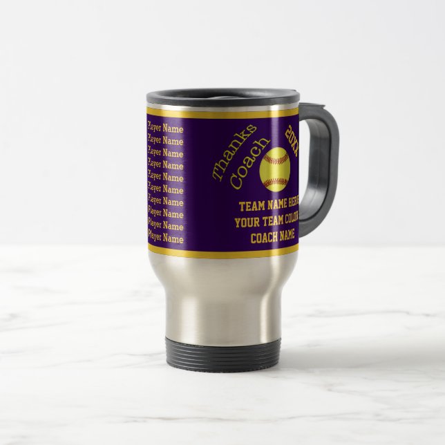 Purple Gold ALL Player's Names Softball Coach Gift Travel Mug (Front Right)