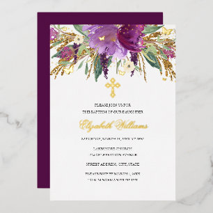 Purple Gold Amethyst Floral Girl Baptism Foil