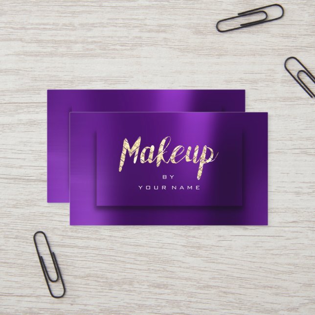 Purple Gold Amethyst Typograph Makeup Artist 3D Business Card (Front/Back In Situ)