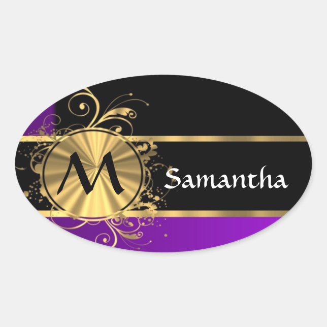 Purple gold and black monogram oval sticker (Front)