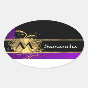 Purple gold and black monogram oval sticker