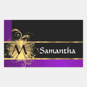 Purple gold and black monogram rectangular sticker