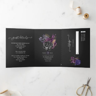 Purple, Gold and Black Shabby Floral Wedding Tri-Fold Invitation