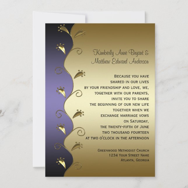 Purple Gold and Black Swirls Wedding Invitation (Front)