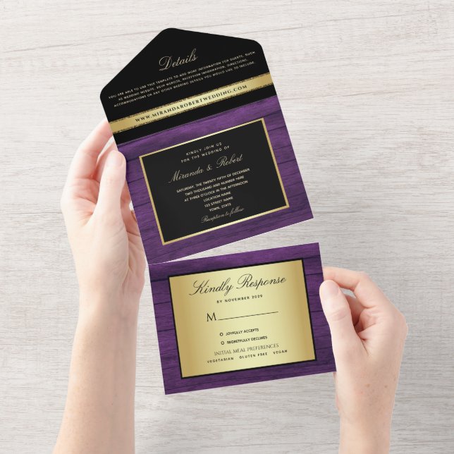 Purple Gold and Black Wedding All In One Invitation (Tearaway)