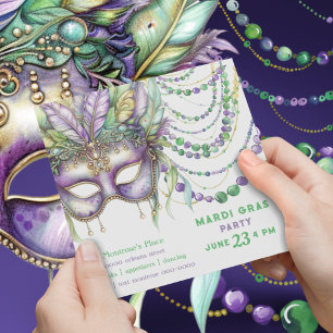Purple Gold and Green Mardi Gras Mask and Beads Invitation