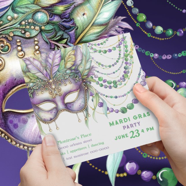 Purple Gold and Green Mardi Gras Mask and Beads Invitation (Customizable Mardi Gras House Party and happy hour invitation with purple, gold and green. )