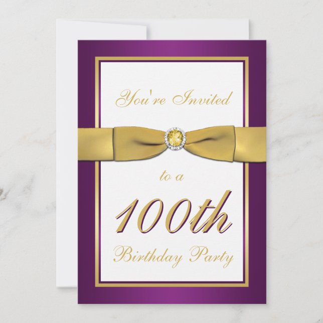Purple, Gold, and White 100th Birthday Invitation (Front)