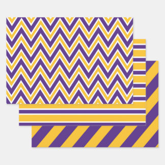 Purple, Gold, and White Chevron & Stripe Pattern Wrapping Paper Sheet
