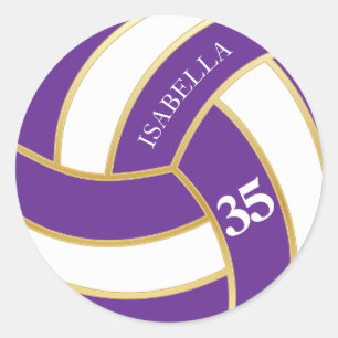 Purple, Gold and White Volleyball- Personalise Classic Round Sticker