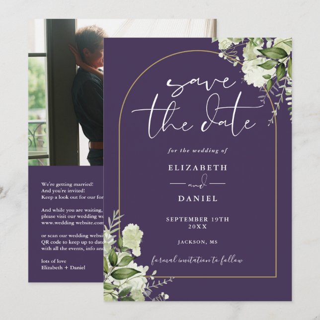 Purple Gold Arch Floral Photo QR Code Wedding Save The Date (Front/Back)