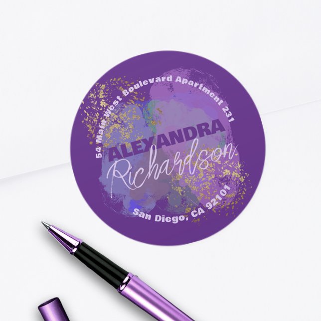 Purple Gold Artistic Round Return Address Label (Creator Uploaded)