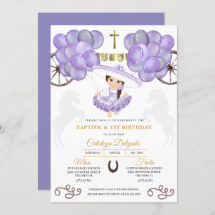 Purple & Gold Baby Charra Dress Balloons Baptism Invitation