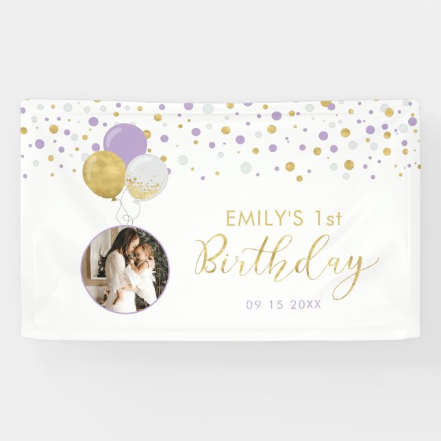 Purple & Gold Balloon 1st Birthday Photo Banner (Horizontal)