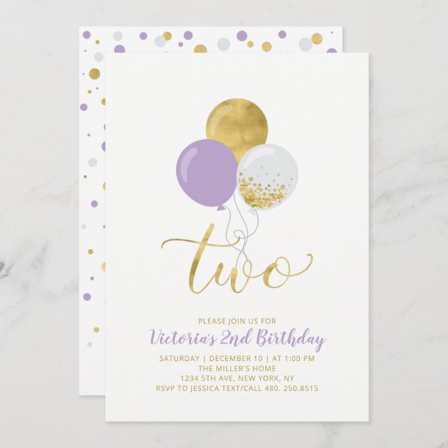Purple & Gold Balloons Girl 2nd Birthday Party Invitation (Front/Back)
