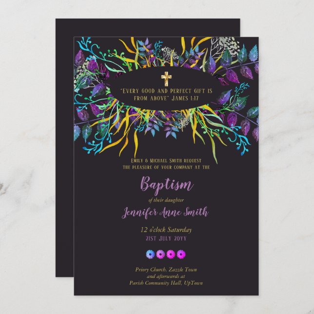 Purple Gold Baptism Invite Floral Leaves (Front/Back)